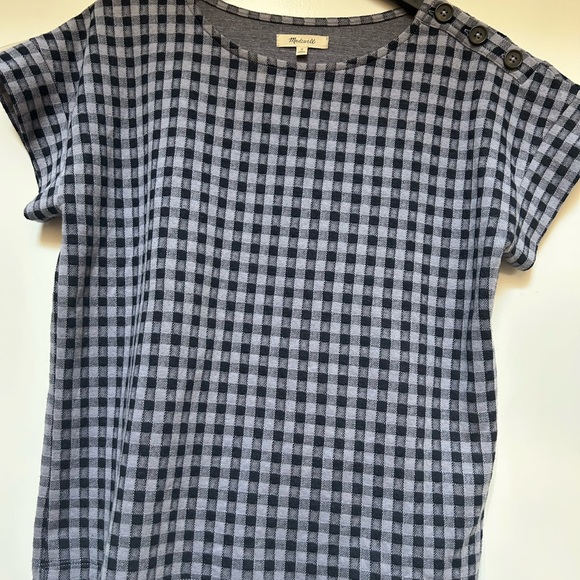 Madewell SZ S Gingham Knit Button Shoulder Crop Short Sleeve Boxy Top Blue Boho - Picture 1 of 5